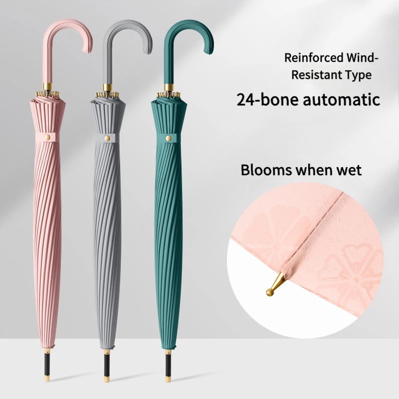 Cross Border Hot Selling 24 Rib Blooms When Wet Double Handle Long Straight Umbrella Gift Advertising Business Logo Printing