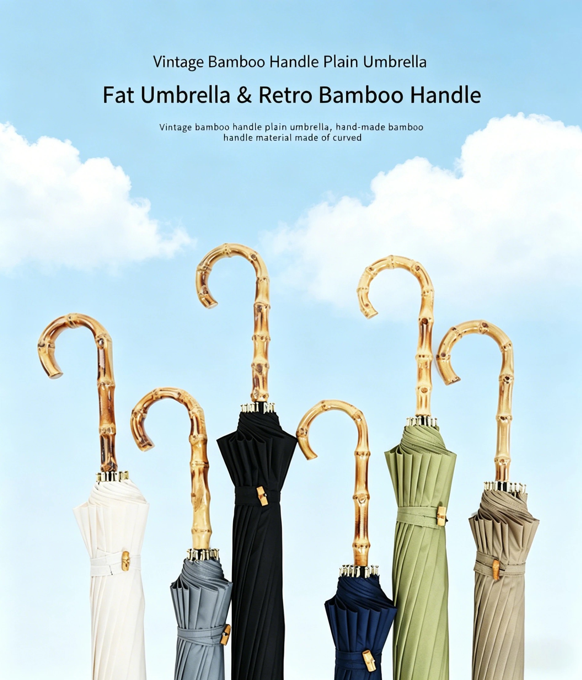 16 Ribs Vintage Bamboo Crook Handle Straight Umbrella,Windproof UV Protection Sun Rain Parasol, Custom Logo Advertising Umbrella