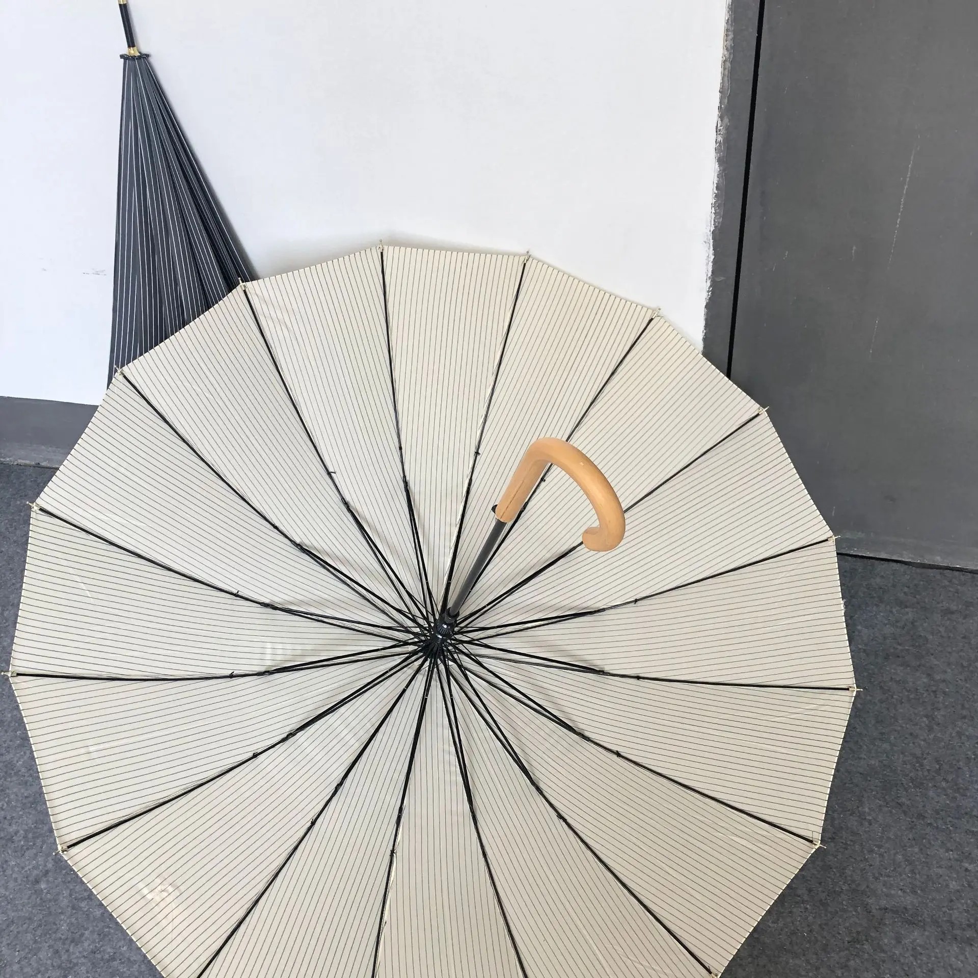 Korean Long Handle Straight Umbrella Windproof Reinforced Thickened Automatic Striped Wooden Advertising Umbrellas