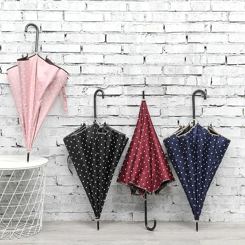 Polka Dot Hook Long Handle Umbrella Black Coating Sun Protection Parapluie Pliable Windproof Rainproof Straight Umbrellas Rain