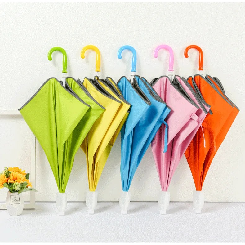 Children's Solid Color Safety Round Corner Reflective Strip Umbrella Baby Kindergarten Cute Ultra Light Automatic Long Handle