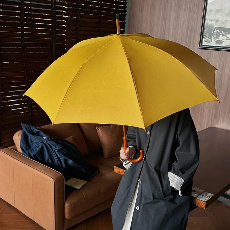 Straight Wooden Umbrella with Fiber Ribs Solid Wood Handle Curved Handle Wooden Handle with Engraved Logo Promotional Umbrella