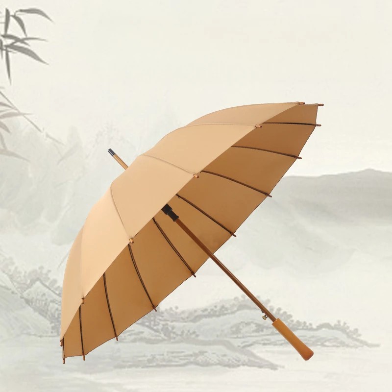 In Stock Chinese Style Retro Artistic Wooden Handle 16 Ribs Solid Wood Long Handle Golf Umbrella Dual Use for Sun and Rain