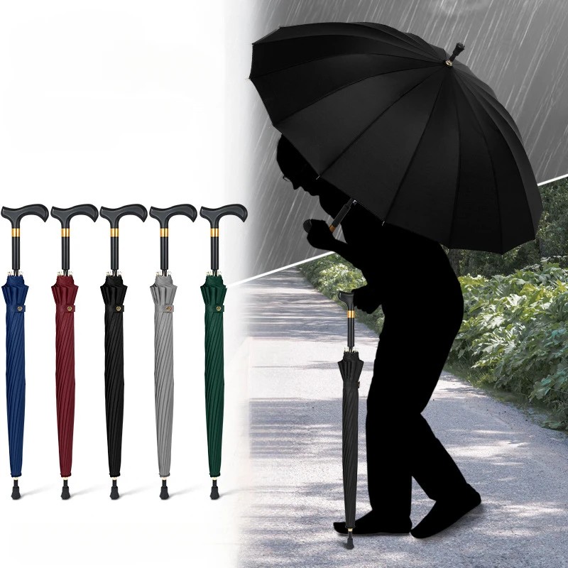 16-Ribs Crutch Umbrella - Elderly Long-handled Umbrella with Anti-slip Handle, Strong and Durable, Reinforced for Old People