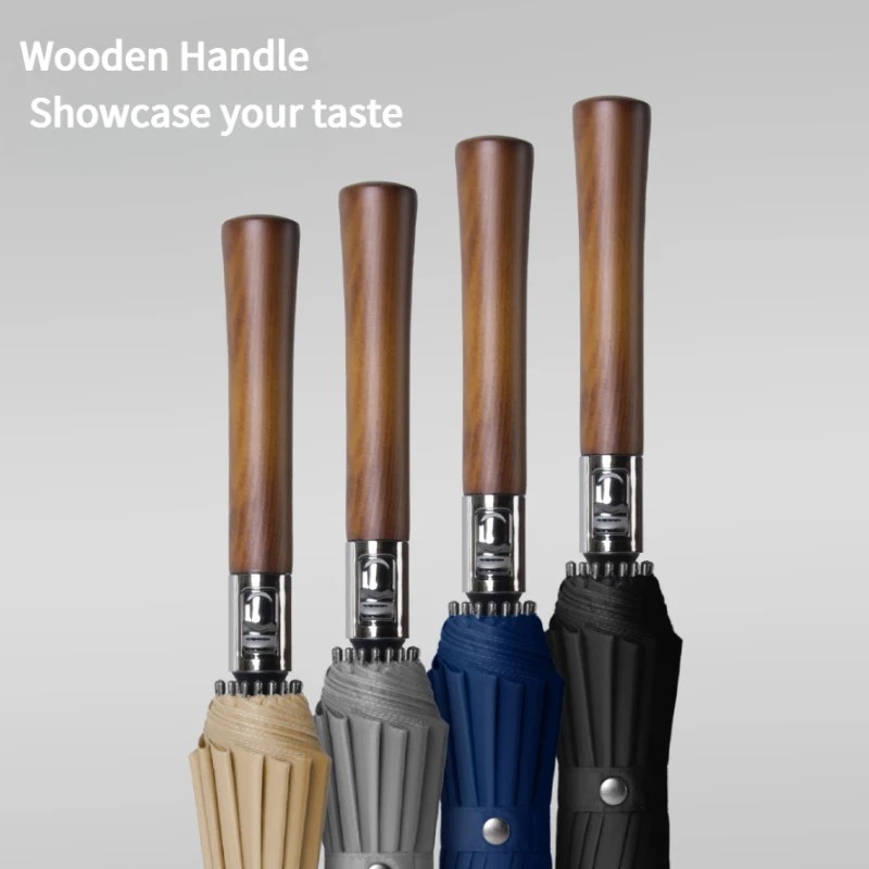 Solid Wood Handle Full Fiber 16 Rib Long Handle Umbrella Creative Large Men's Business Straight Rod Advertising Straight Handle