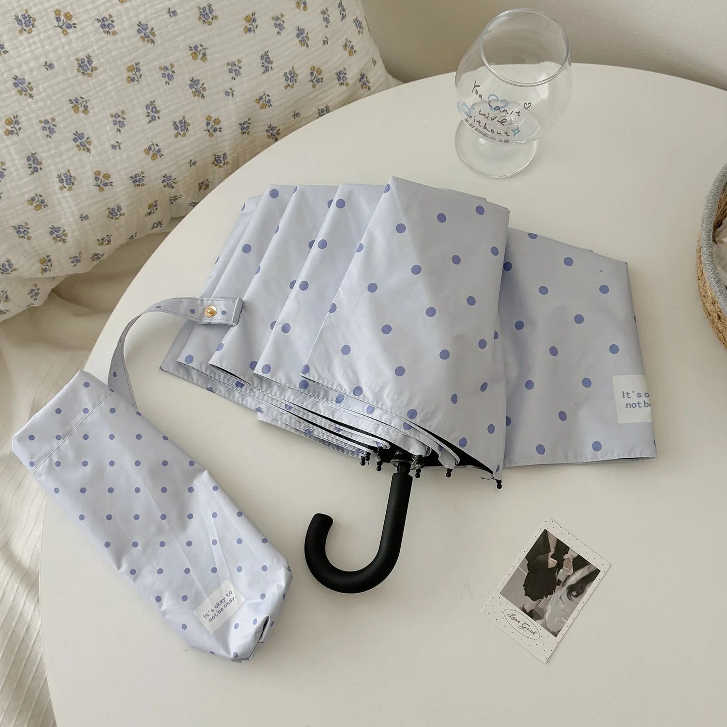 New Korean Style Polka Dot Folding Umbrella, UV Protection, Black Coating, Dual-use for Sun and Rain, Portable Sun Umbrella