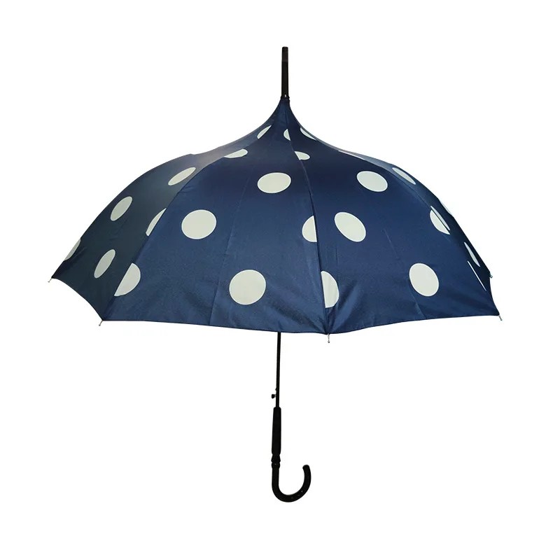 Polka Dot Pagoda Umbrella Automatic Wholesale Sturdy Windproof Curved Handle Straight Rod Playful Edged Long Handle Umbrella