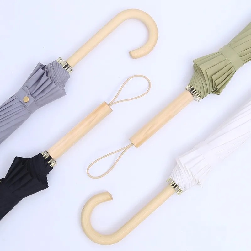 16 Rib Plain Color Straight Handle with Solid Wood Handle Automatic Umbrella Large Windproof Custom Logo Sunshade Simple Design