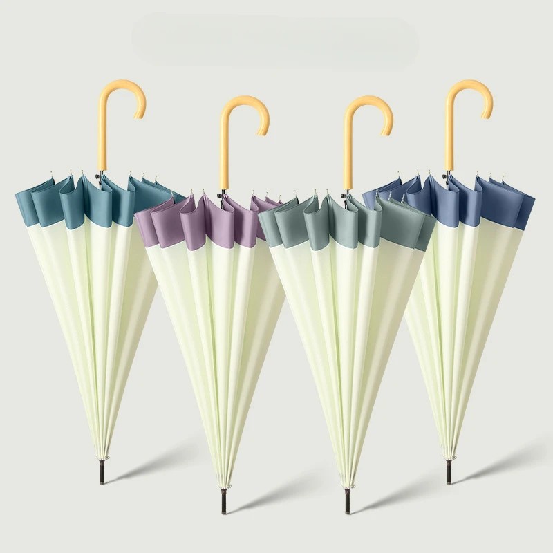 Japanese and Korean Style Fresh Long Handle 16 Ribs Large Straight Umbrella Ins Wooden Curved Handle Spliced Umbrella Wholesale