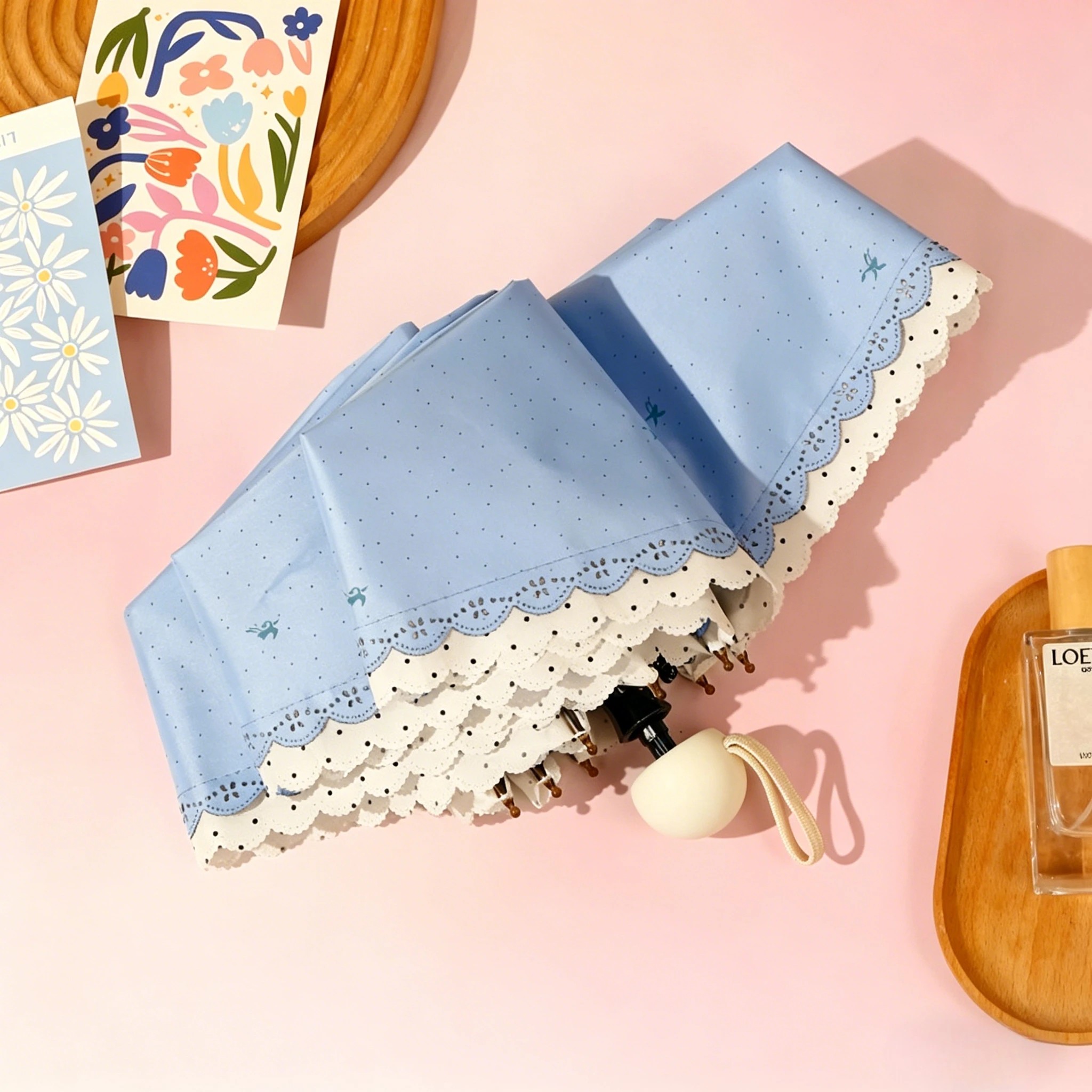 Fresh Style Korean Design 190T Pongee Lace Pocket Manual Sun Umbrella UV Protection Elegant Women's Craft Umbrella Thickened