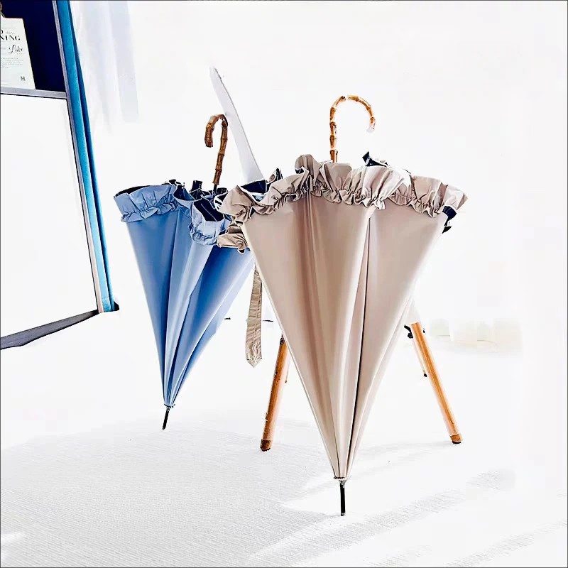 Japanese Style Lace Princess Bamboo Curved Handle Sunshade Umbrella UV Protection Manual Straight Handle Sun and Rain Wholesale