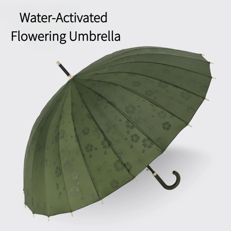 24-Rib Creative Wind-Resistant Water-Activated Flowering Umbrella with Straight Pole and Curved Handle