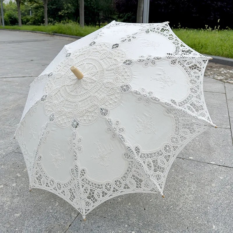 Craft Lace Umbrella, Princess Cotton Fabric Crochet Embroidery Dance Wedding Decoration Sunshade Umbrella White Lace Umbrella