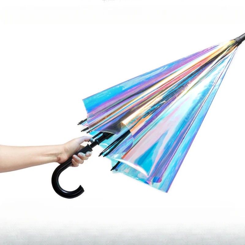 Transparent Magical Color Long Umbrella, Laser Umbrella, Straight Handle Semi-automatic Rain , with Printed Patterns and Logos