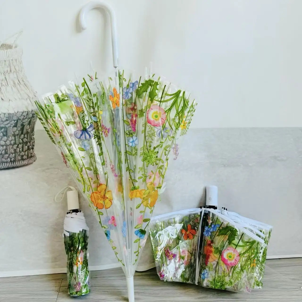 INS Style Three-Fold 8-Rib Transparent Umbrella Korean Style High-Value Transparent Umbrella Forest Style Fresh Floral Umbrella