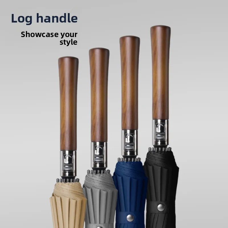 Solid Wood Handle Full Fiber 16-Bone Long Straight Rod Advertising Umbrella Fully Automatic Opening UV Protection Logo Printing