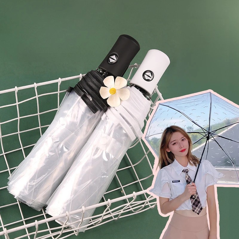 Transparent Umbrella Korean Style Internet Celebrity Fresh Folding Automatic Transparent 3 Fold  Logo Customization Advertising