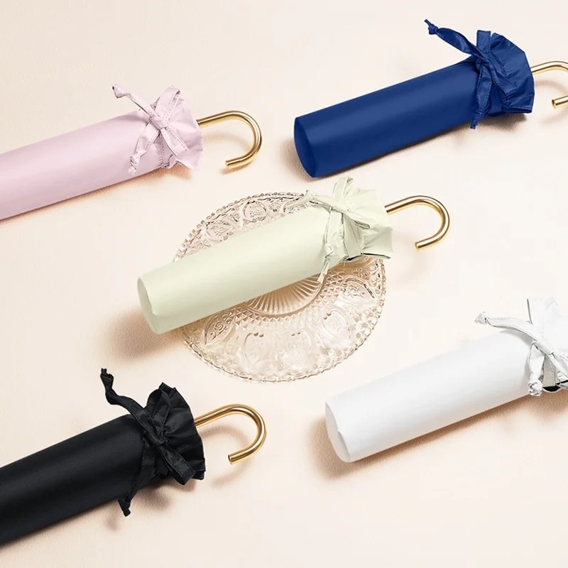 Women's Lightweight Japanese Style Three-Fold Gold Hook Lace Ultra-Light Black Rubber Windproof UV-Proof Sun Rain Umbrella