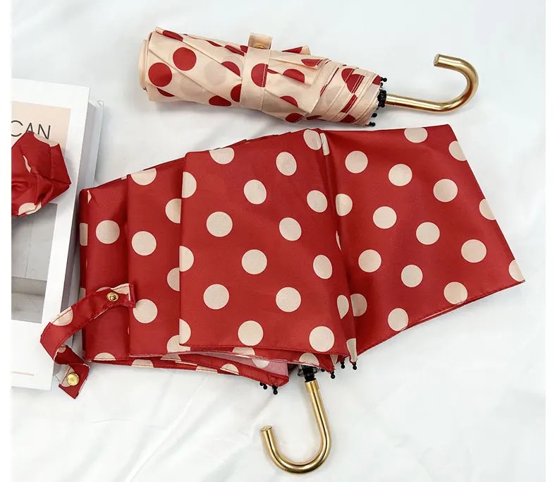 Round Polka Dot Curved Handle Wine Red Umbrella for Sun and Rain UV Protection New Folding Sun Umbrella with Black Coating