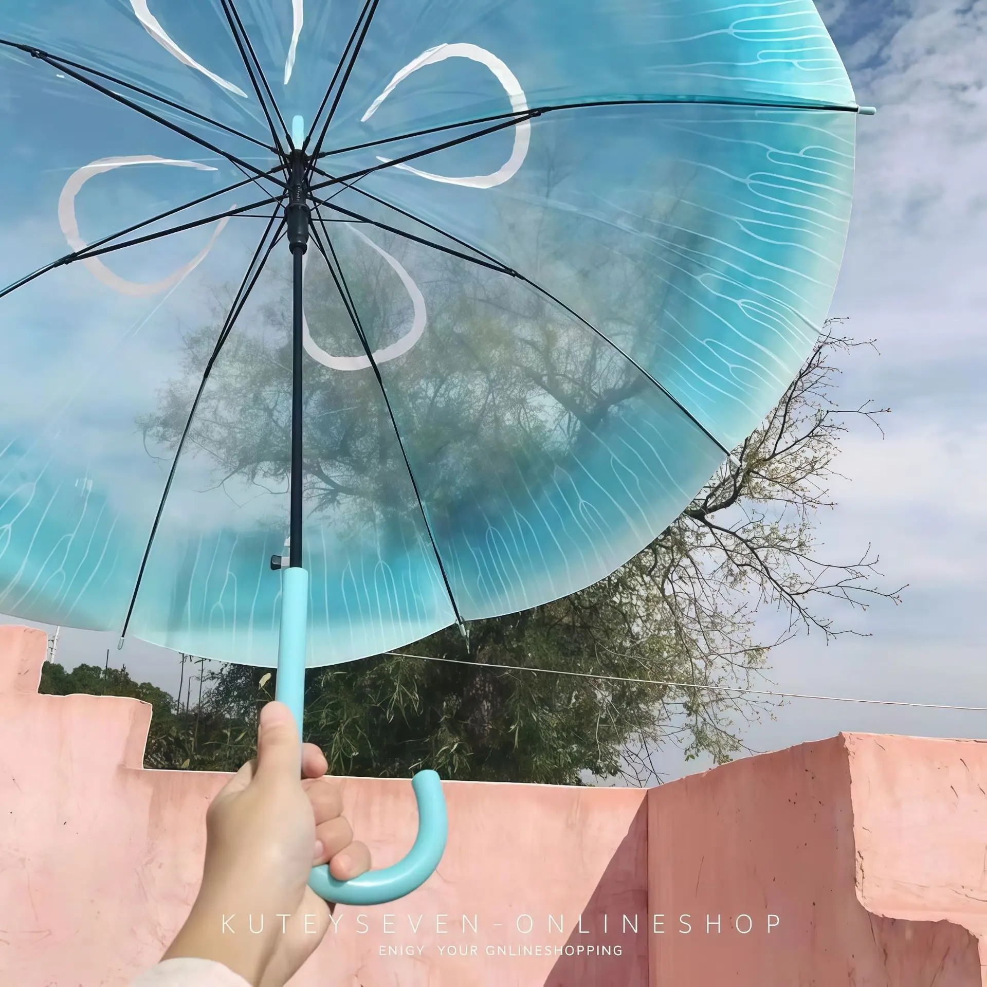 Romantic Sea Moon Jellyfish Transparent Umbrella Gradient Water Blue Curved Hook Straight Handle Waterproof Umbrella Photo Prop