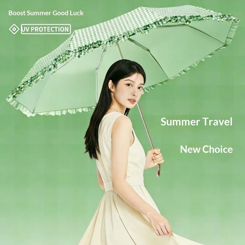 Small Fresh Plaid Lace Sun Rain Dual-use Manual 8 Ribs Umbrella High Appearance Student Party Sunscreen UV protection Wholesale