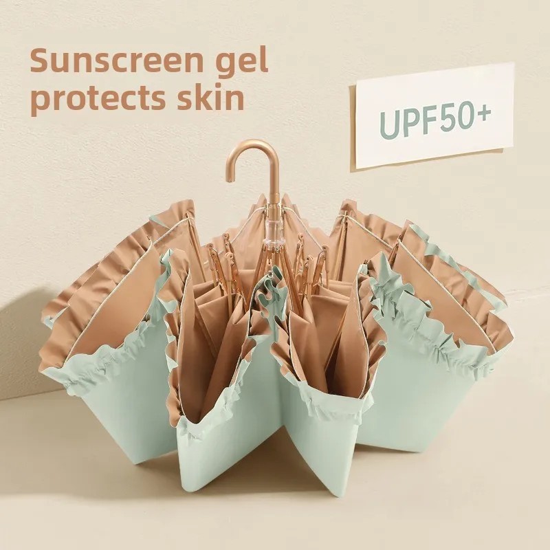 Solid Color Lace Trifold Curved-Handle Manual Umbrella Colored Coating UV-Proof Parasol Goddess Lightweight Portable Modern