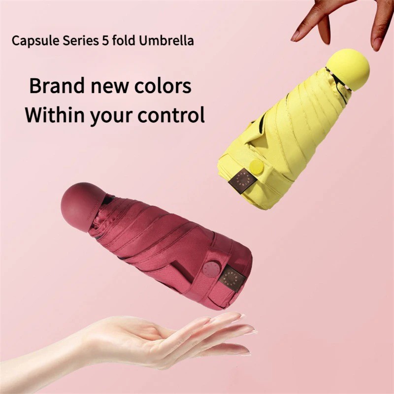 Jiucai Capsule Umbrella Dual Use for Sun and Rain UV Protection 5 Fold Sun Umbrella Folding UPF50+ Black Coating