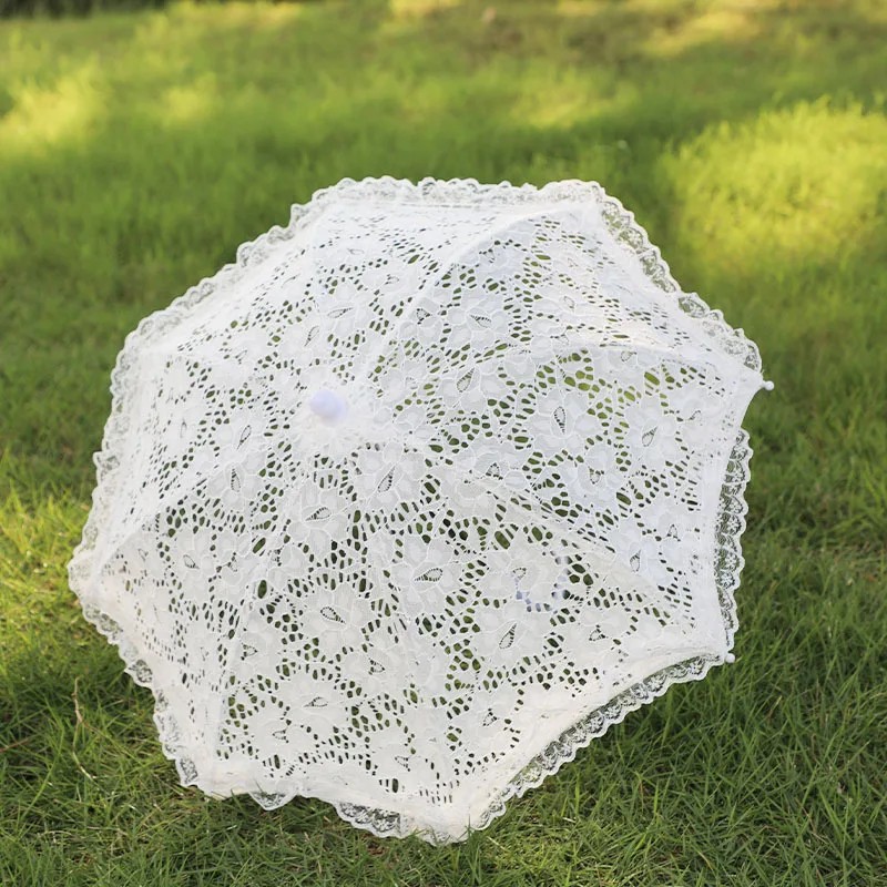 White Lace European Wedding Bride Umbrella Wedding Photography Decorative Dance Performance Prop Long Handle Craft Umbrella