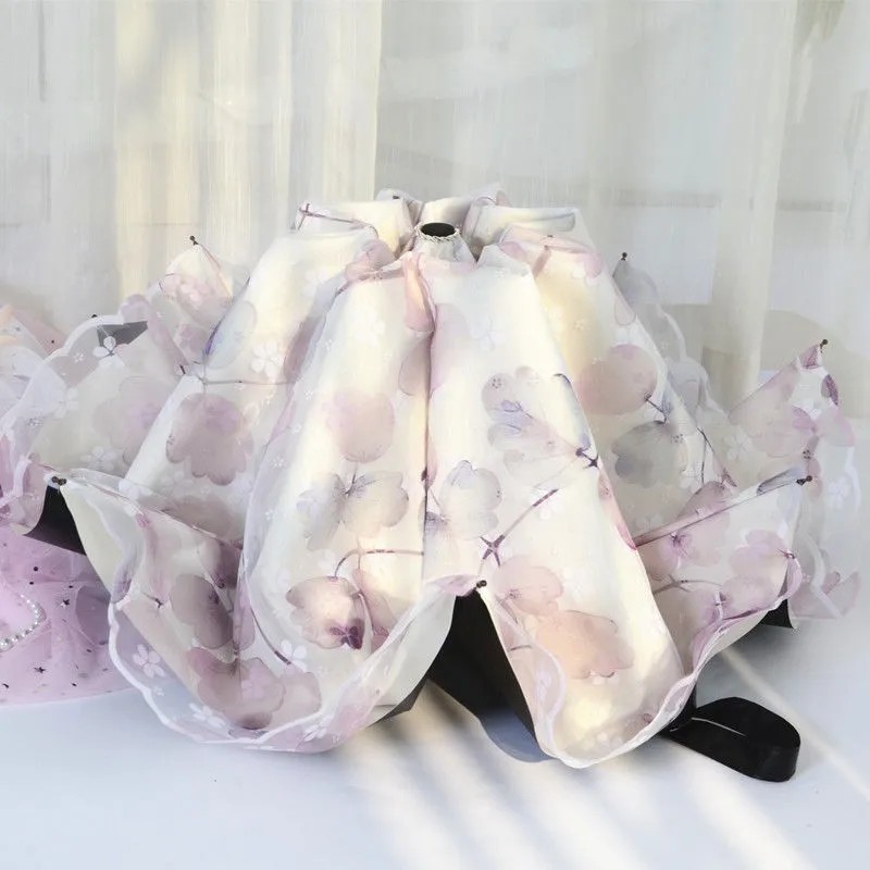 Mesh Umbrella for Women, Princess Style, Sun Umbrella, Double Layer Lace Edge, UV Protection, Sunshade Umbrella