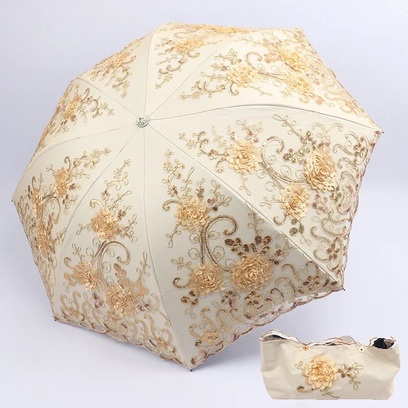 Embroidered Lace Chinese Style Double-Layer Advertising/Gift Umbrella Black-Coated Sun Protection UV Protection Folding Umbrella