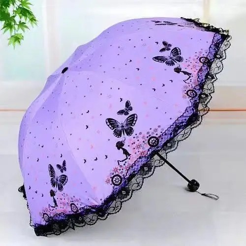 Butterfly Lace Print Sunshade, Dual-use for Sun and Rain, Three-Floding Wind-resistant and Sun-blocking Black Coating Umbrella