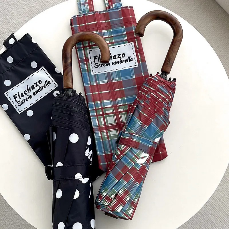 Curved Hook Dual Use Umbrella Retro Polka Dot High-End Feel Sun Protection UV Protection Black Coating Foldable and Compact