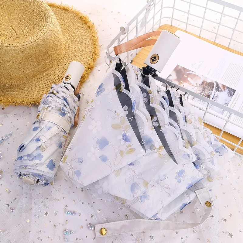 Sun Umbrella Lace Folding Dual-Use Sun and Rain Umbrella Double Layer Black Coating Sunshade Umbrella Protection UV Protection