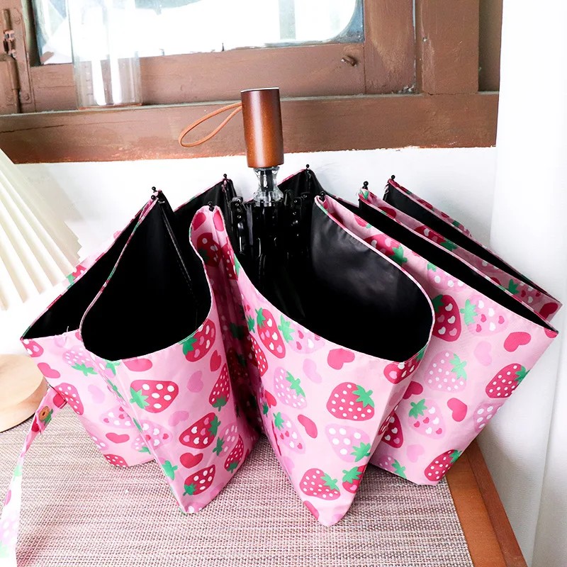 Pink Cute Cartoon Strawberry Umbrella Long Handle Straight Rod Curved Hook Women Reinforced Windproof Student Sunshade Umbrella