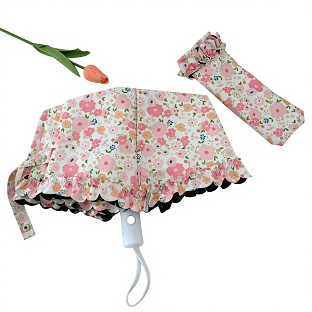 Woman's Five-Fold Mini Flower Sun & Rain Umbrella Small 5 Fold Handbag with Black Coating Panel Manual Control