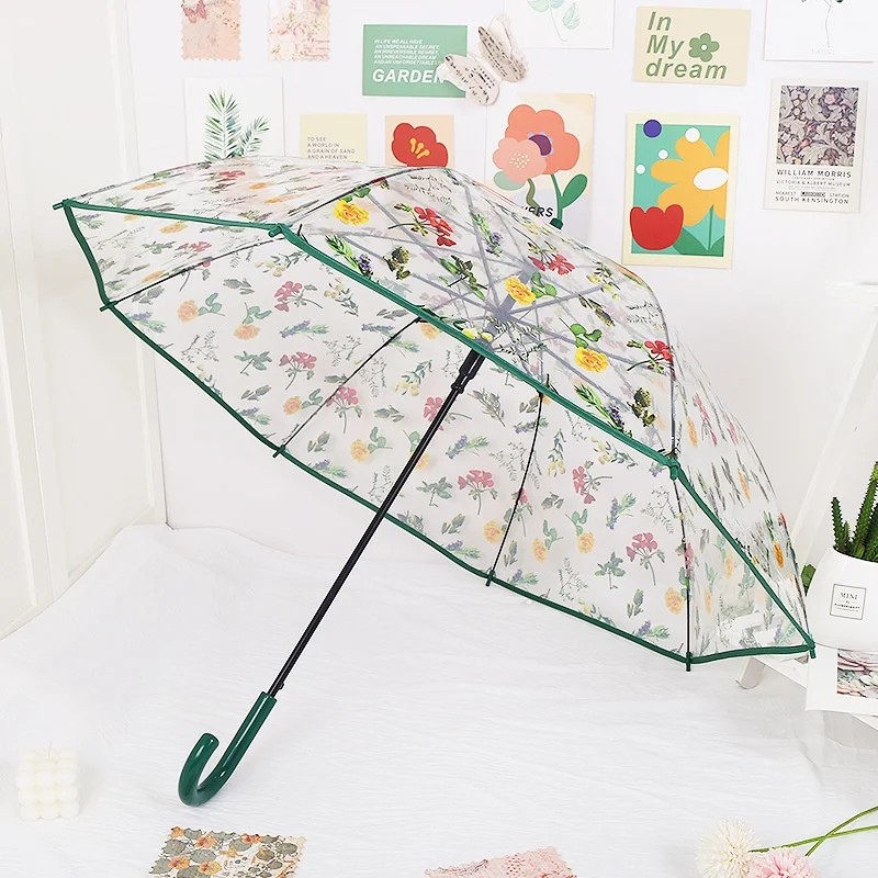Long-handled Transparent Small Floral Umbrella 8 Ribs Plastic for Girls High Aesthetic Appeal Fresh Forest Style Vintage Print