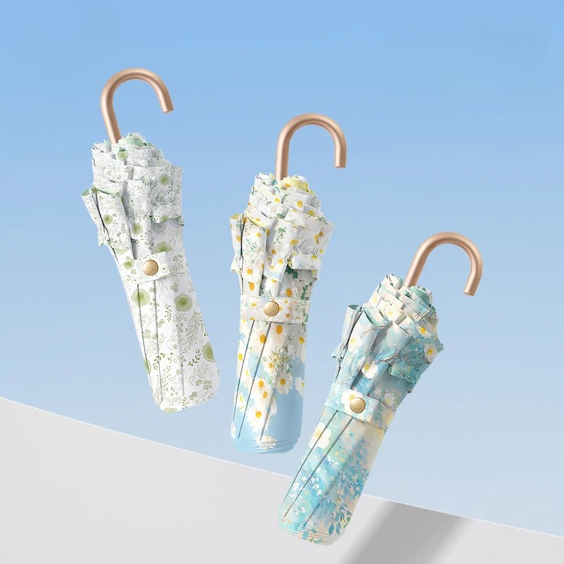 Small Gold Hook Printed Lace 3 Fold Colorful Glue UV Protection Sun Umbrella for Women Lightweight Portable Sunshade Rain