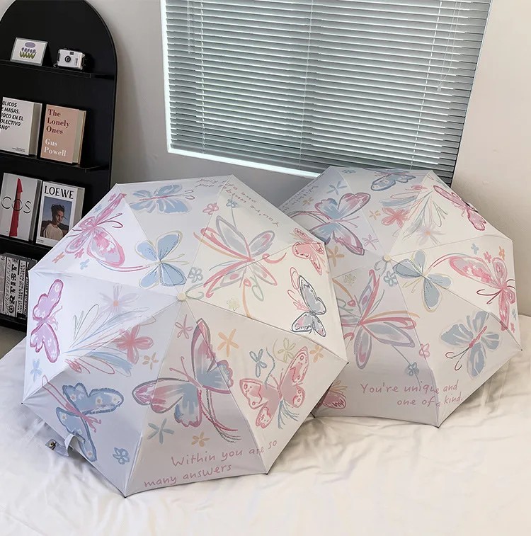 Women High-Value Butterfly Design Dual-Use Sun and Rain Umbrella UV Protection Black Coating Foldable Sunshade Umbrella Students