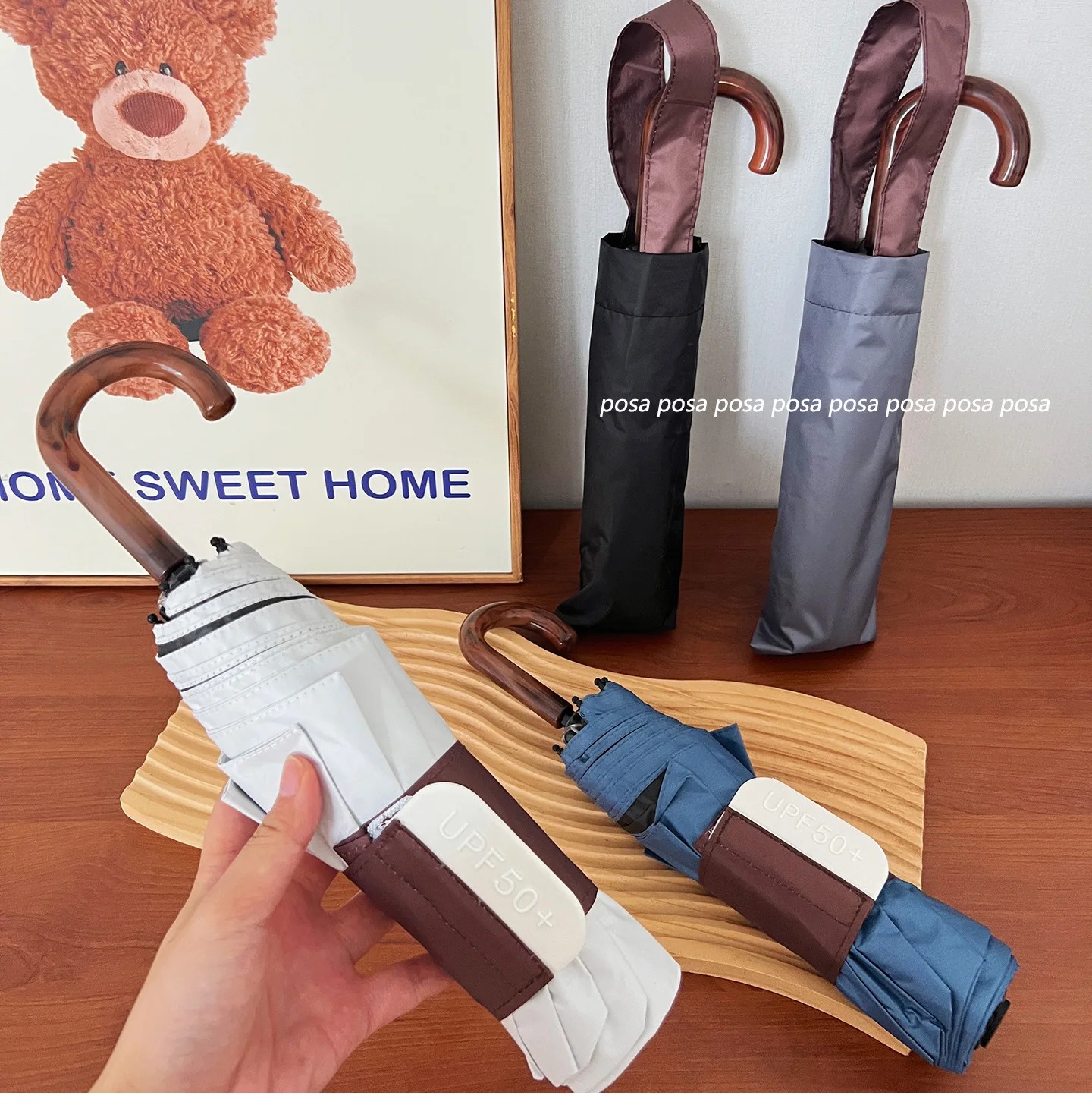 Retro Solid Color Curved Hook Umbrella Free Folding Umbrella for Women High Aesthetic UV Protection Dual-Use for Sun and Rain