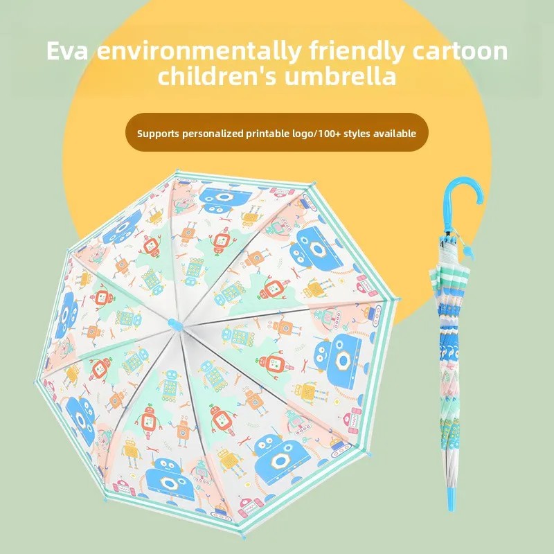 Children's Elementary School Students Semi-Automatic Long-Handled Plastic EVA Cartoon Anime Logo 8 Ribs Sun Protection Umbrella