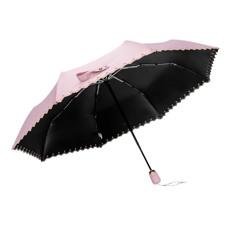3 Fold Fully Automatic Folding Umbrella with Black Coating and Gold Stamping Sunshade  UV Protection Sun Full Blockage UPF50+