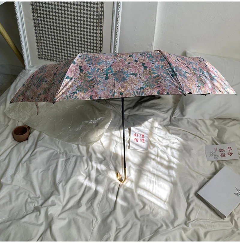 Elegant Curved Hook Oil Painting Style Umbrella Brocade Flower Foldable Sun Protection Rain Shine Portable Dual-use Umbrella