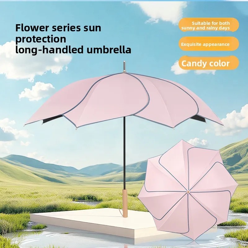 Cross-border Manual Long Handle Petal Umbrella Women's Rain Shine Dual-use Vinyl UV protection Factory Wholesale