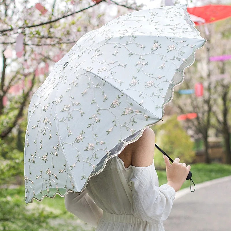 Double Lace Embroidered Three-fold Women's Black Sun Umbrella with UV Protection and Sunscreen Folding Dual-purpose