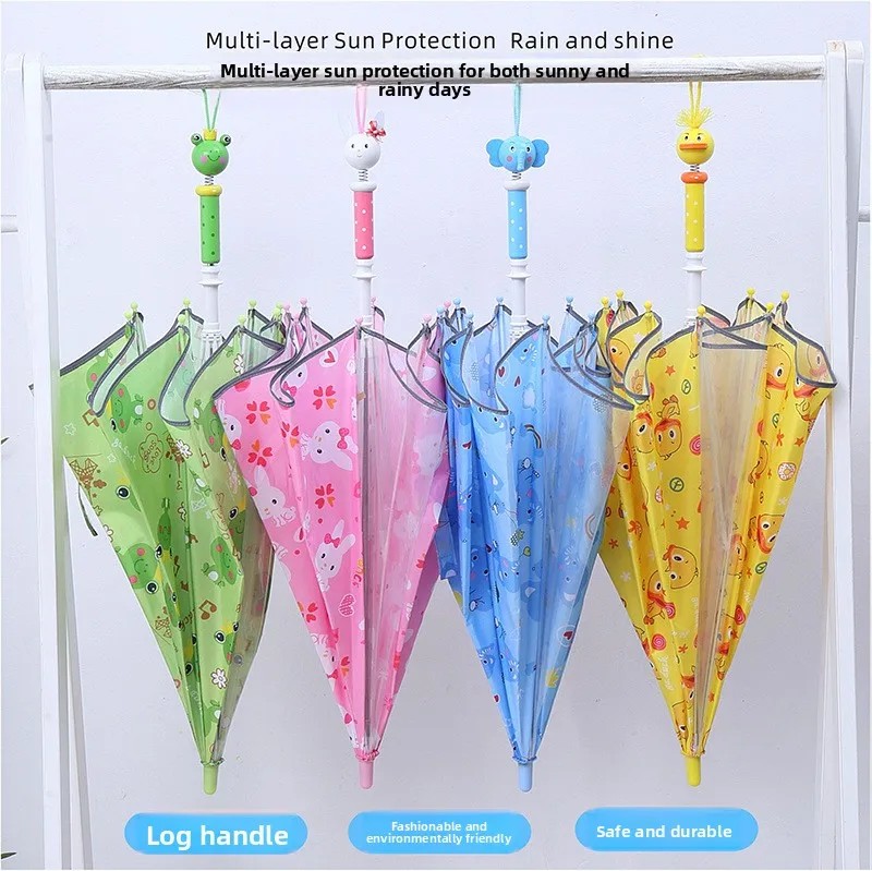Special Offer Cartoon Wooden Handle Children's Umbrella Student Eye Rain Gear Boys Girls Long Handle Creative Princess