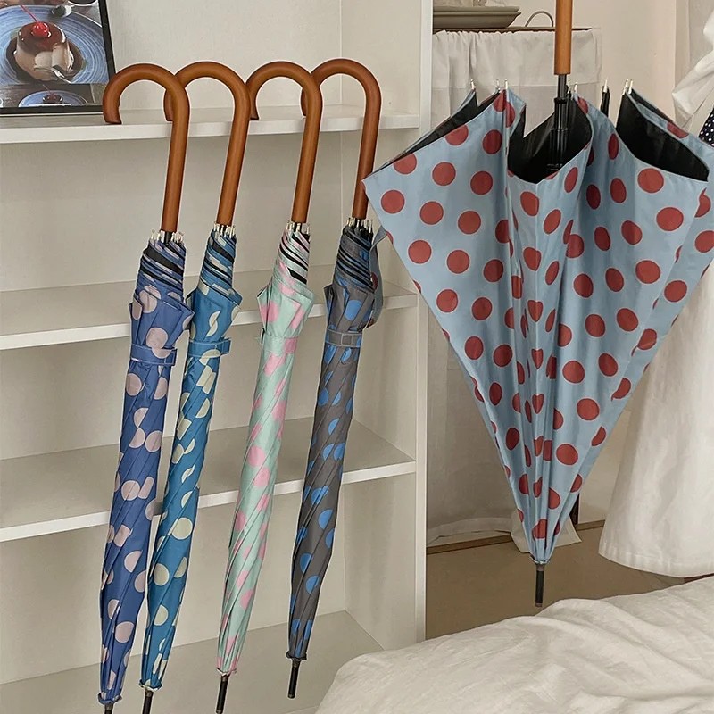 Long-handled Women's Retro Polka Dot Straight Rod Reinforced Windproof UV Protection Automatic Sunshade Sunny Rainy Umbrella