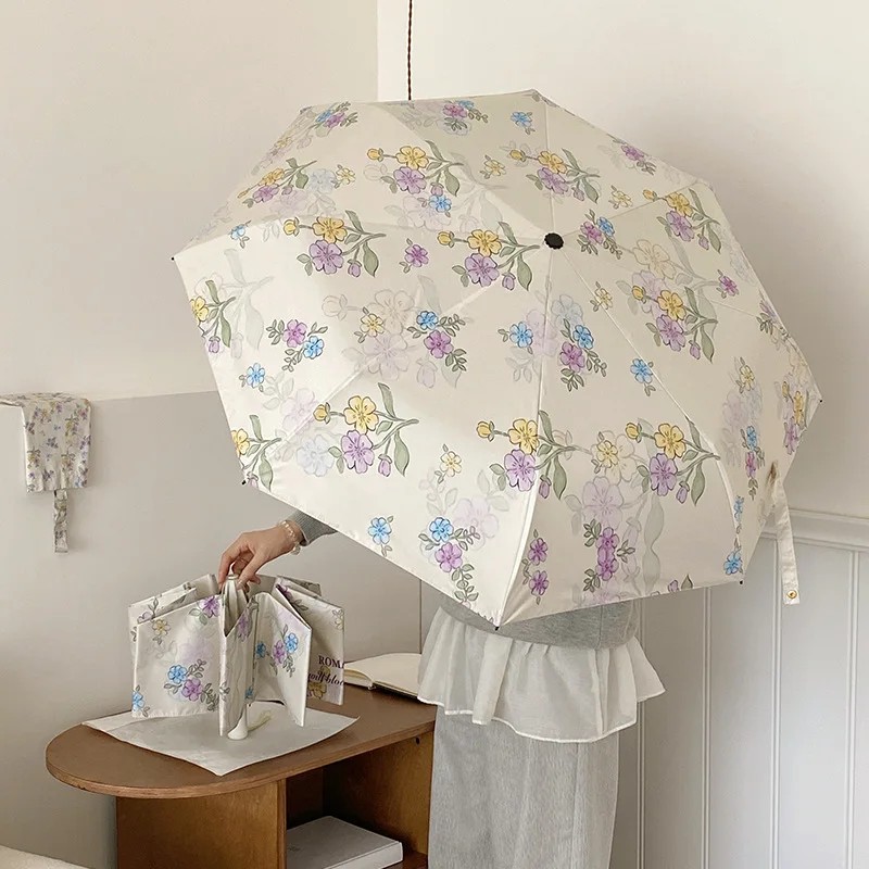 New Korean Style Floral Folding Umbrella Black Coating Sun Protection UV Protection Dual-use for Rain Fully Automatic Umbrella