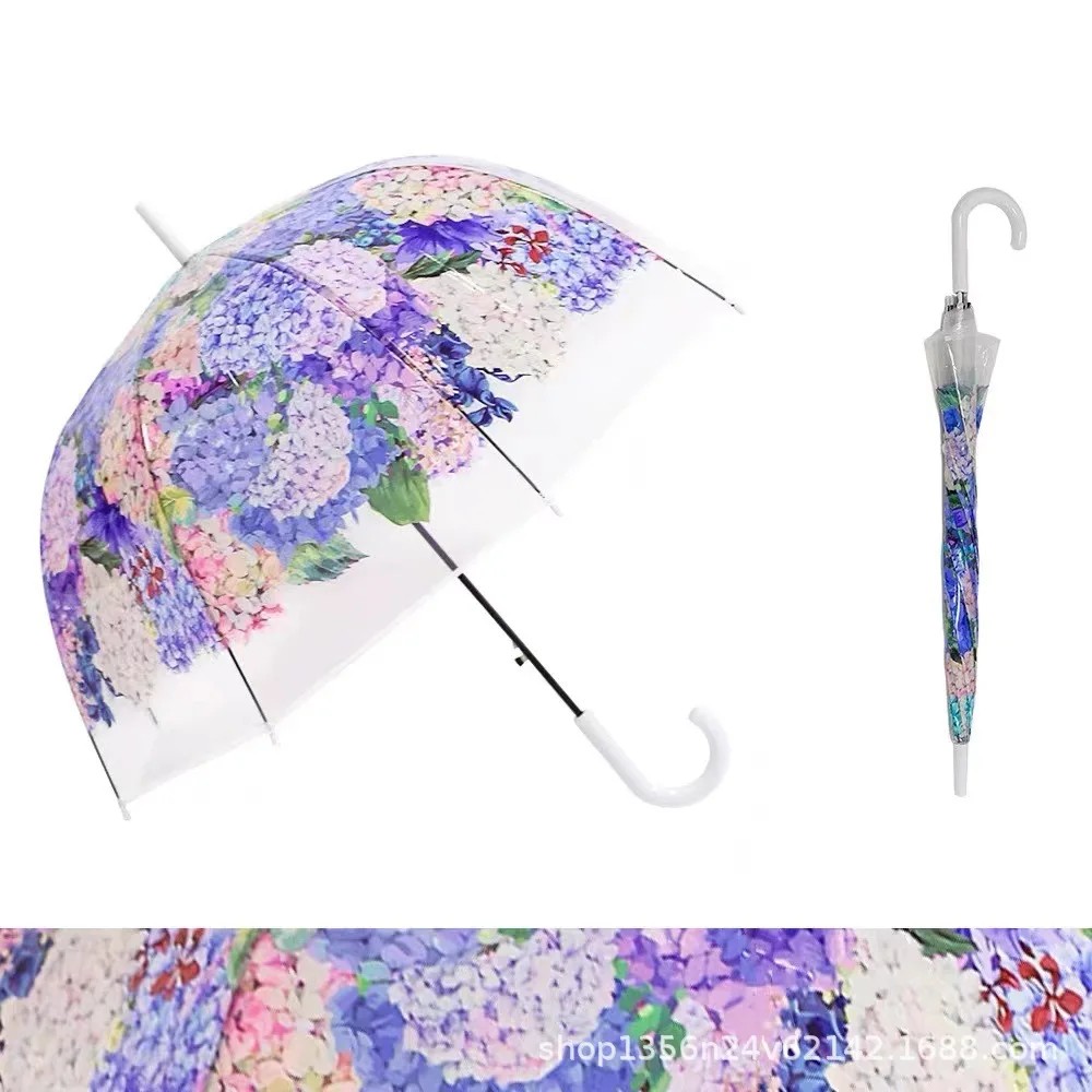 New Semi-Automatic Umbrella Women Hydrangea Print Long Handle Curved Handle Lightweight Slim Transparent Umbrella for Students