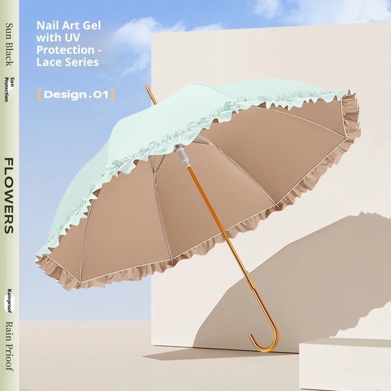 New Color Glue Sunscreen Lace Women's 8 Ribs Automatic Curved Handle Waterproof Sunny Rainy Umbrella Anti-UV Sunshade