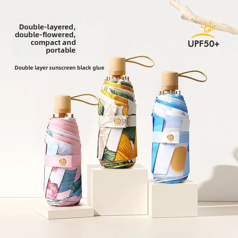 Women's Advanced Sense Double-Layer Sunscreen Sunshade Sunny Rainy Dual-Use Folding Mini Umbrella Snap Button Closure 8-Ribs